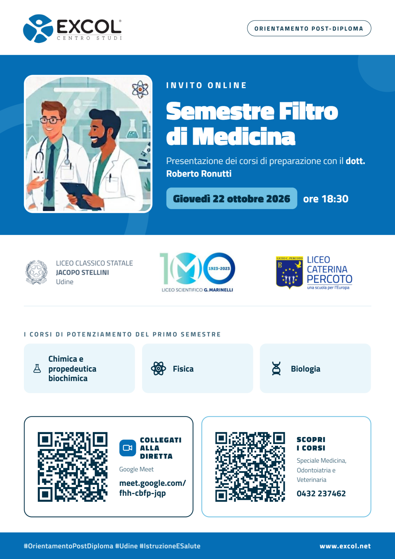 Locandina della presentazione online dei corsi Excol per il Semestre Filtro, giovedì 22 ottobre 2026 ore 18.30